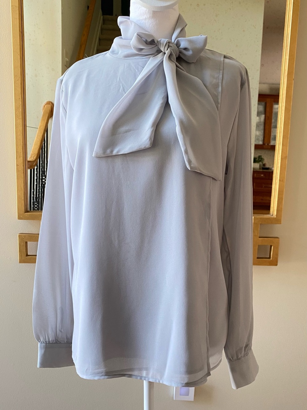 Ann Taylor Light Gray Long Sleeve Blouse Tie Neck Bow Size Small new with Tags